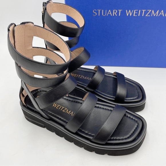 Stuart Weitzman Gala Lift Sandal Gladiator Black Leather - Picture 3 of 16